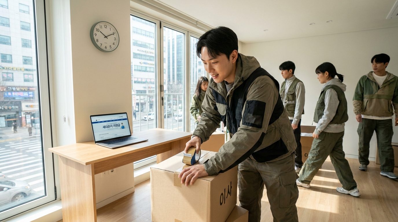 분리세대 지원금: 현대적인 한국의 아파트에서 이사 준비하는 젊은 한국인이 창가 자연광 아래 박스를 싸고 있는 모습
