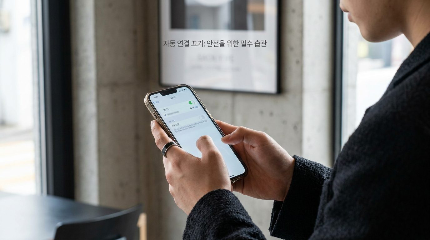 한국어로 된 스마트폰 설정 화면에서 와이파이 자동 연결 기능을 꺼두는 모습의 클로즈업 이미지