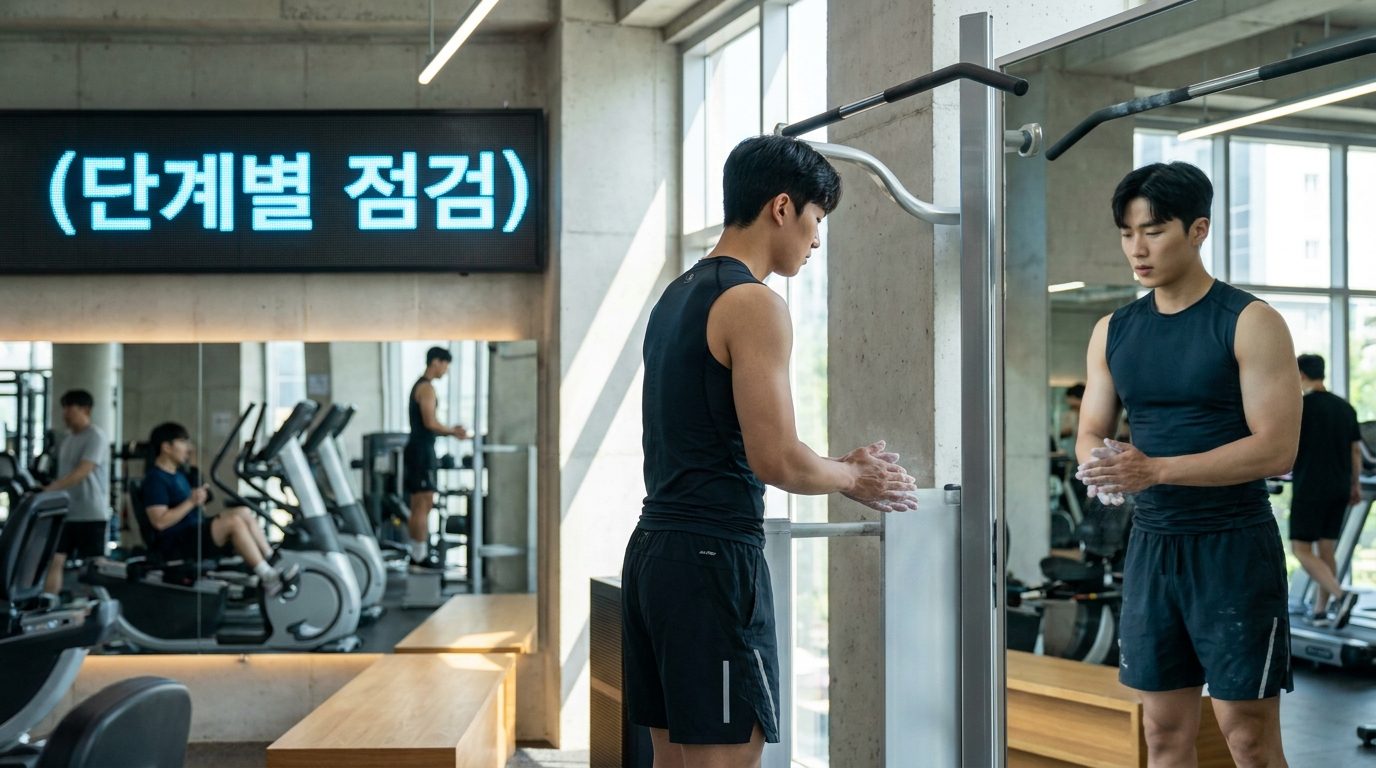 턱걸이 훈련을 준비하는 한국인 남성의 헬스장 사진, 디지털 화면에 (단계별 점검)이라는 한글 문구가 보이는 장면