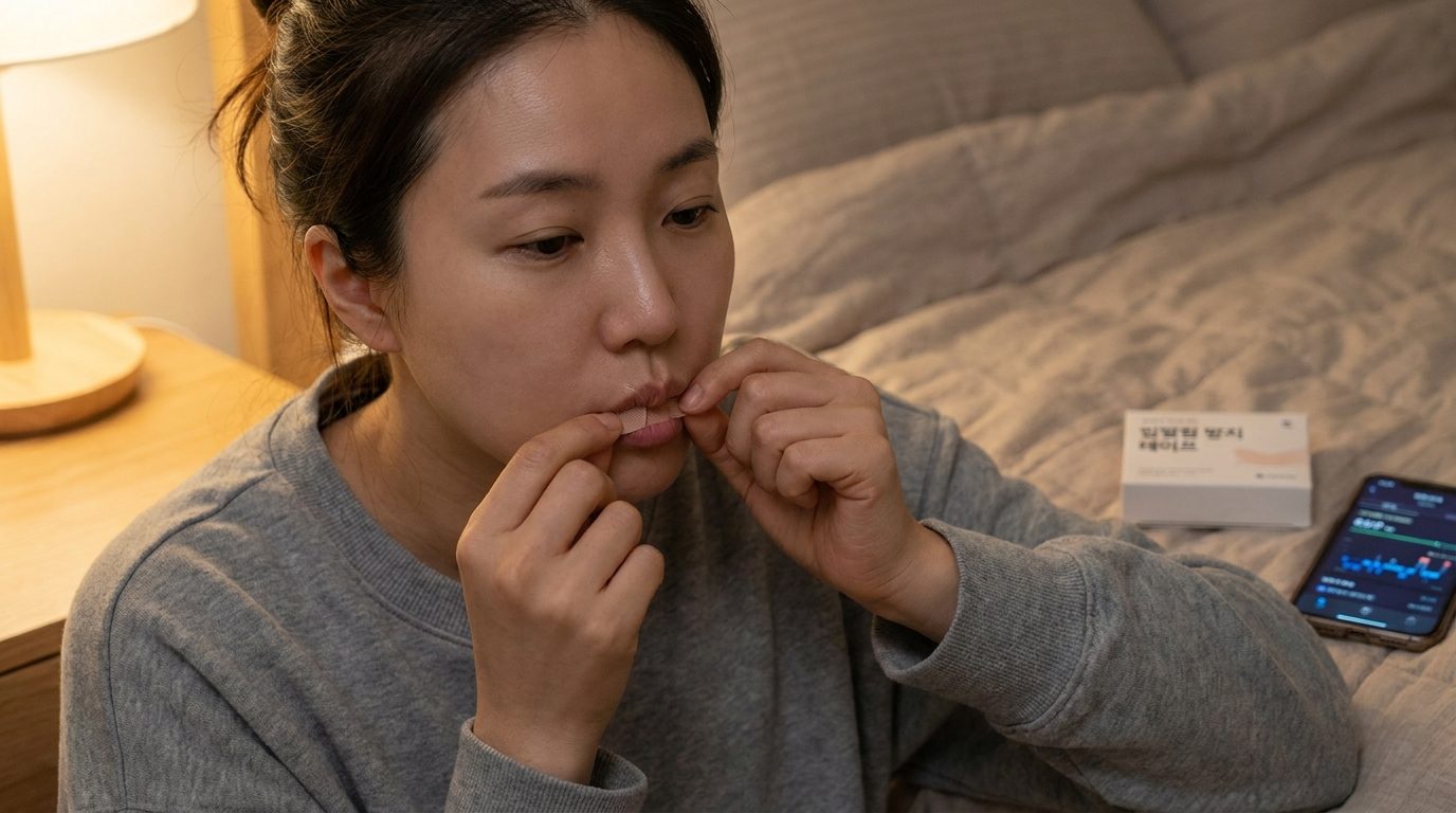 입벌림 방지 테이프를 붙이는 한국인 성인의 클로즈업 이미지