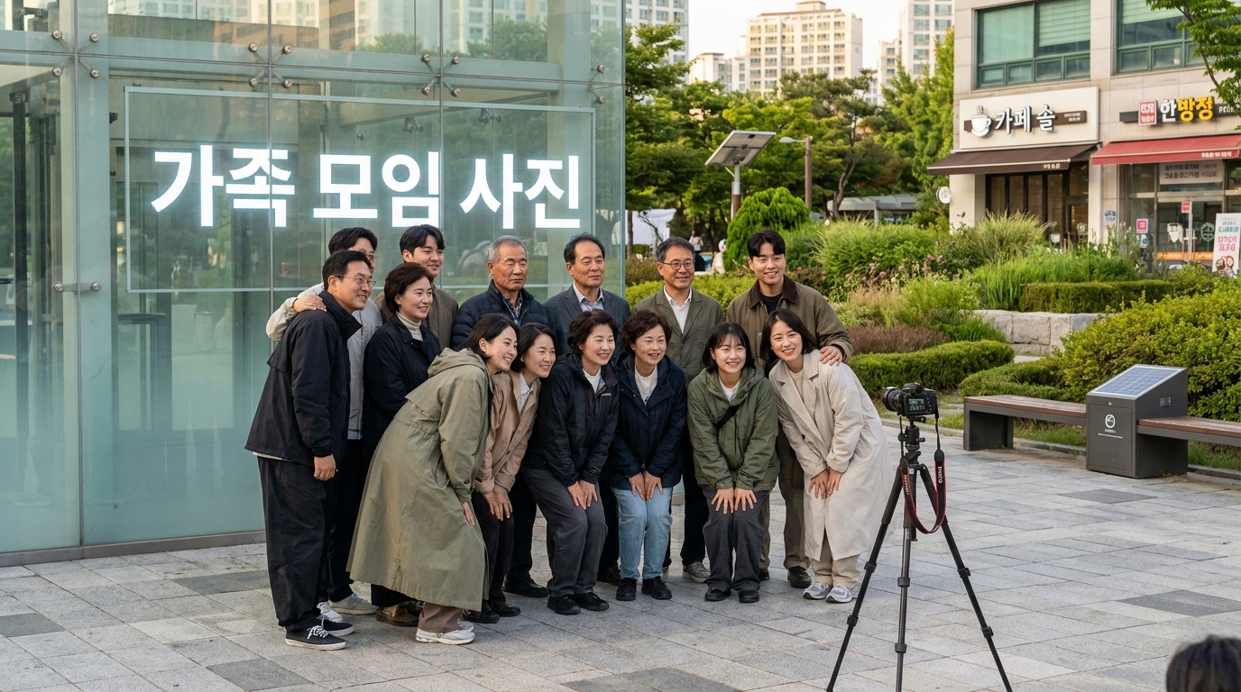가족 모임에서 단체 사진을 찍으면서 한 사람이 눈을 감고 있는 모습의 실사 스타일 사진