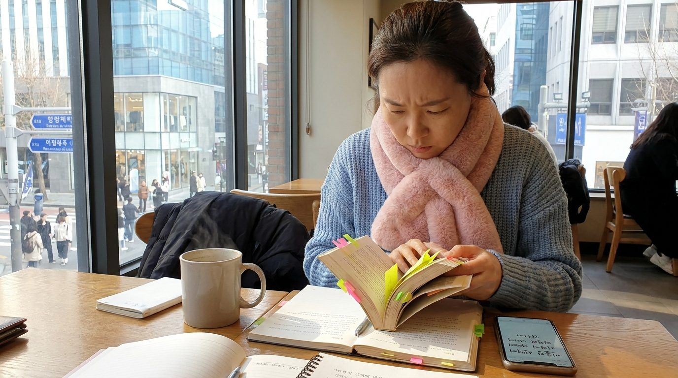 인물의 선택에 대해 집중하며 책을 읽는 한국 여성의 모습