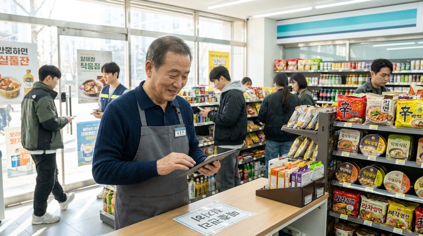 현대적인 동네 편의점에서 디지털 태블릿으로 매출 관리를 하는 미소 짓는 60대 한국 소상공인