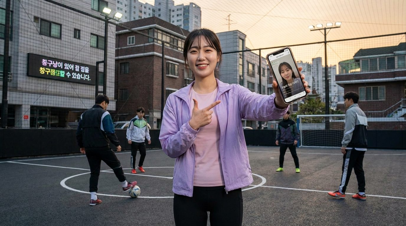 모바일로 풋살 활동 브이로그를 촬영하는 즐거운 한국 여성 풋살러의 모습