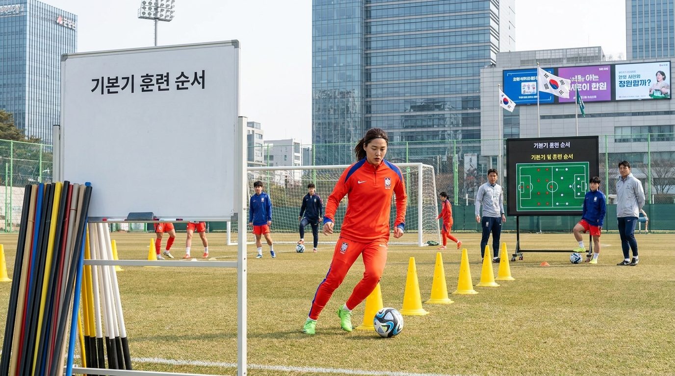기본기 훈련을 하고 있는 한국 여성 축구 선수의 야외 트레이닝 장면