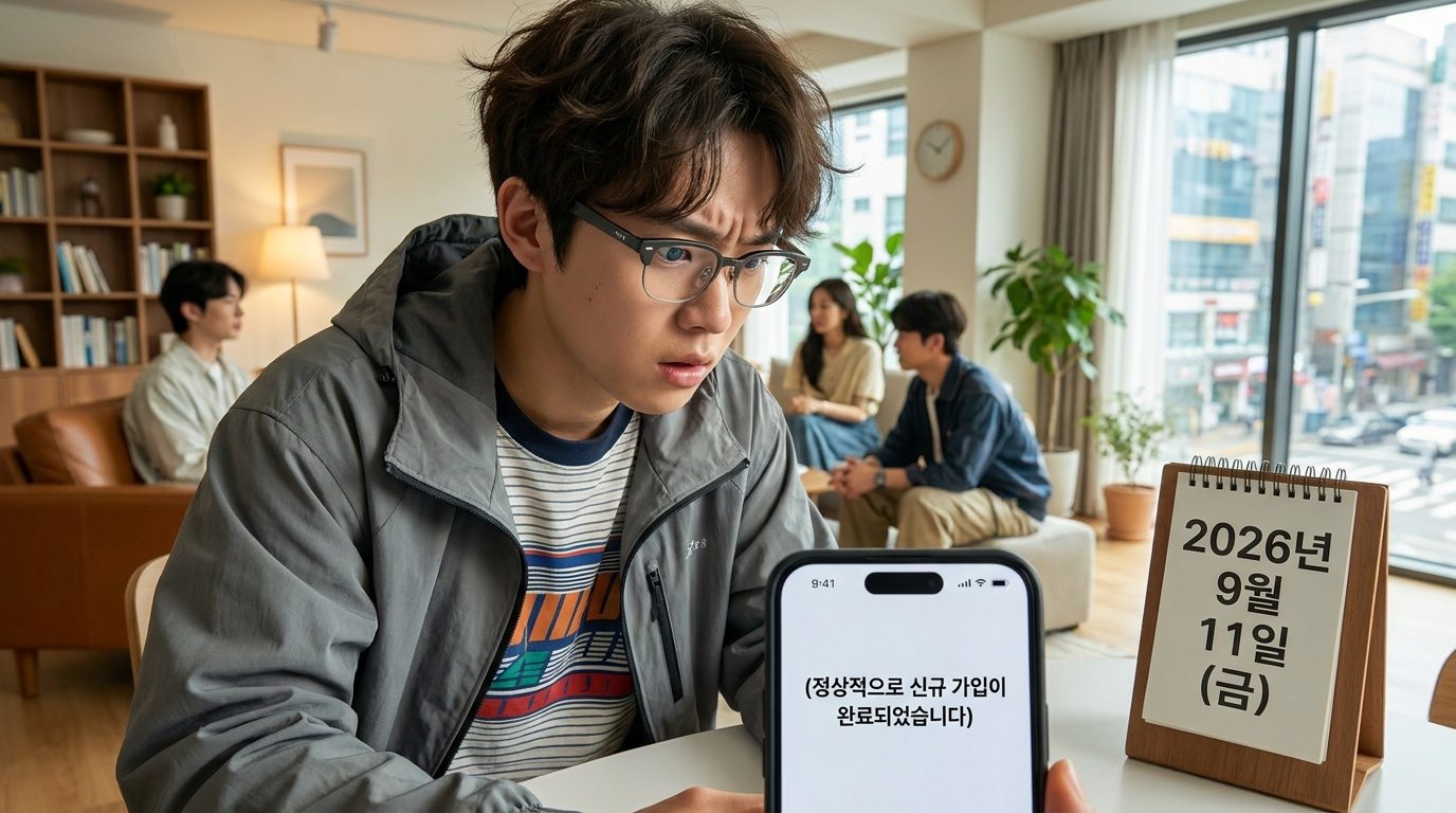 엠세이퍼 명의도용 방지: 휴대폰 메시지(정상적으로 신규 가입이 완료되었습니다)를 보고 놀라고 걱정하는 2026년 현대 한국 사람의 근접 사진