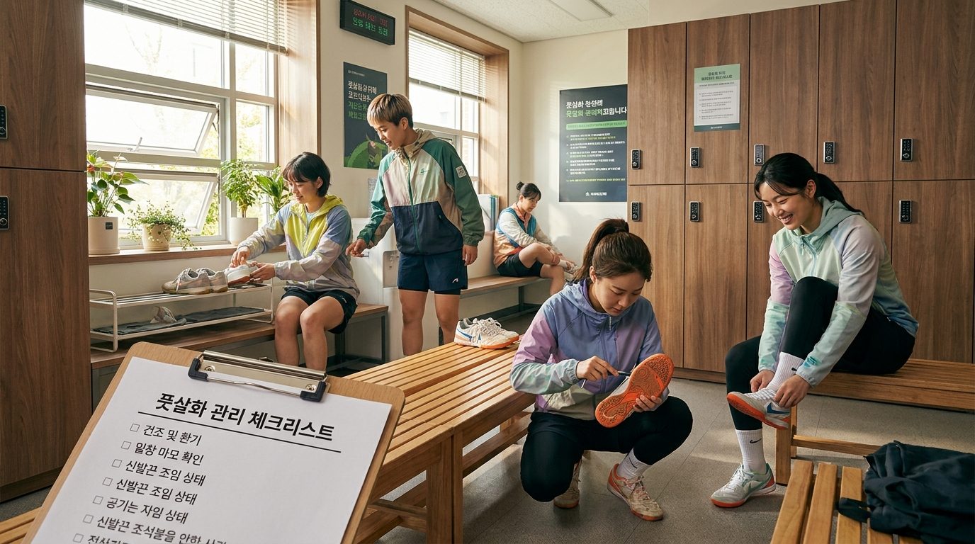 풋살화 관리 체크리스트가 적힌 클립보드와 통풍이 잘 되는 곳에서 신발을 말리는 여성 풋살 선수들 모습
