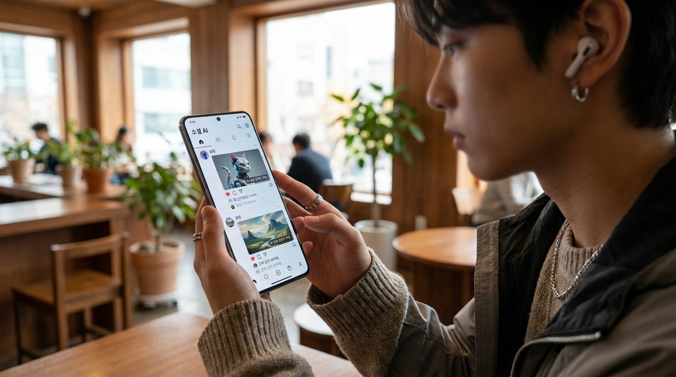 현대적인 한국 카페에서 AI 생성 콘텐츠 주의라는 태그가 보이는 SNS 플랫폼 화면을 들여다보는 모습
