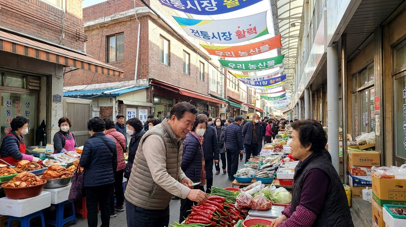 활기찬 한국 전통시장에서 농산물을 고르는 중년 한국 남성과 한글 현수막(전통시장 활력)