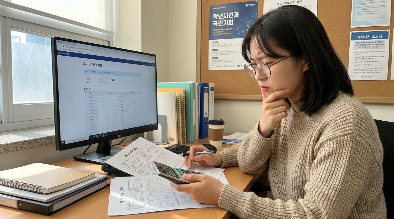 조교 급여 내역을 확인하는 한국 대학원생의 집중된 모습 실사 이미지