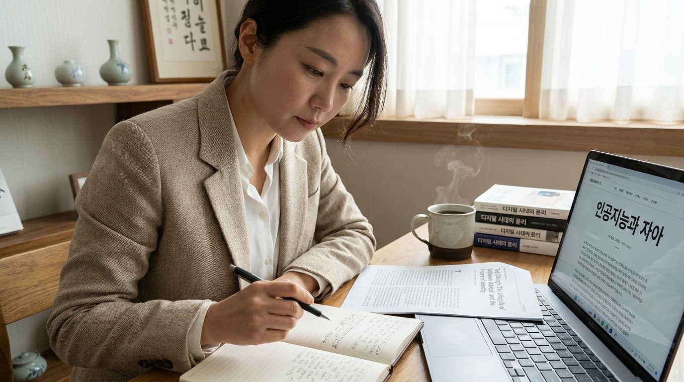 인공지능과 자아에 관한 주제로 노트에 필기하는 한국 여성의 클로즈업 장면