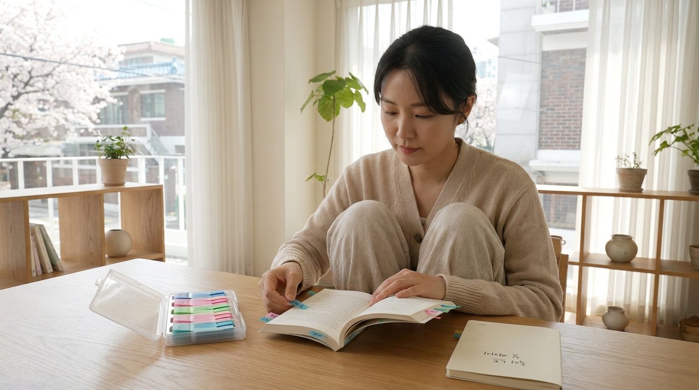 봄 옷을 입은 여성이 책 위와 아래 가장자리에 색 인덱스 플래그를 정성스럽게 붙이는 모습, 배경에 독서 노트 첫 페이지가 보인다.