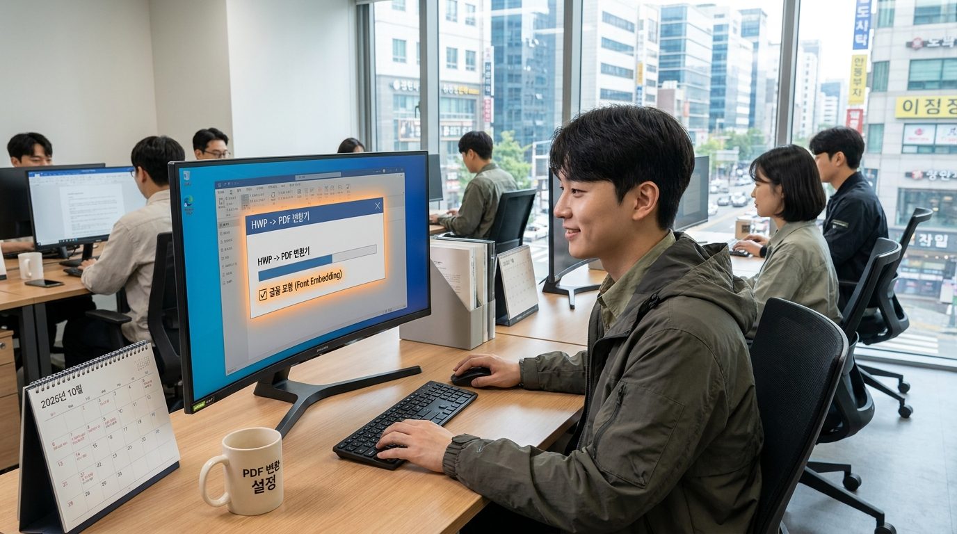 한글 문서를 PDF로 변환하는 작업을 하는 현대 한국 사무실 책상과 컴퓨터 화면