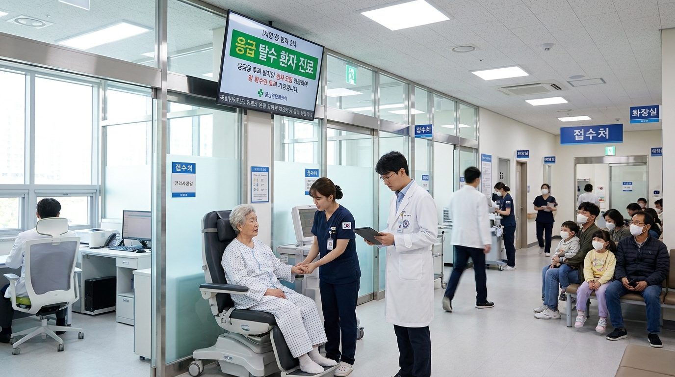 현대적인 2026년 한국 응급실에서 의료진이 노인 환자를 진료하는 장면의 고화질 이미지