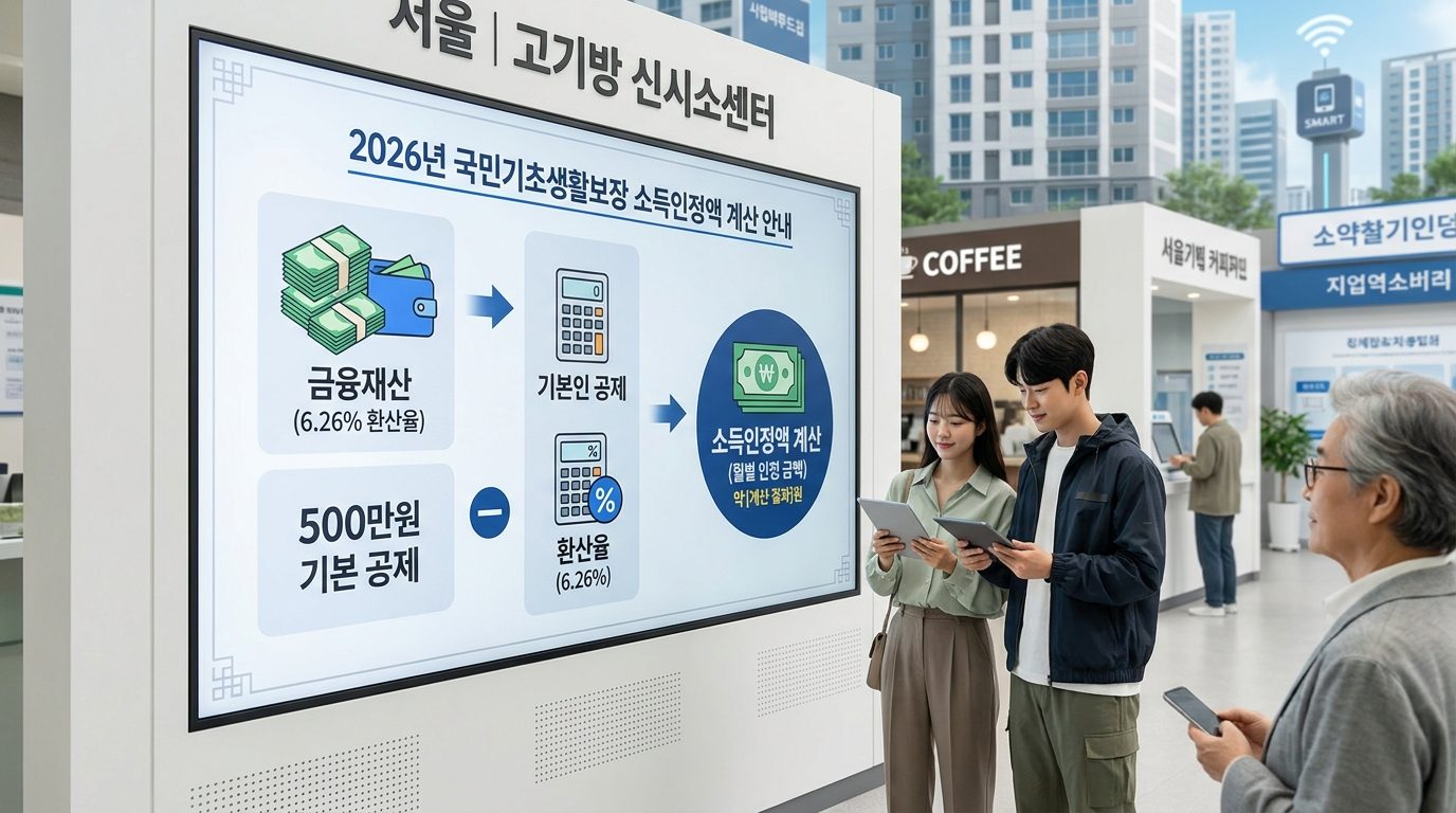 기초생활수급자 통장잔액: 기초생활수급자 소득인정액 계산 방식을 교육하는 인포그래픽 스타일 이미지