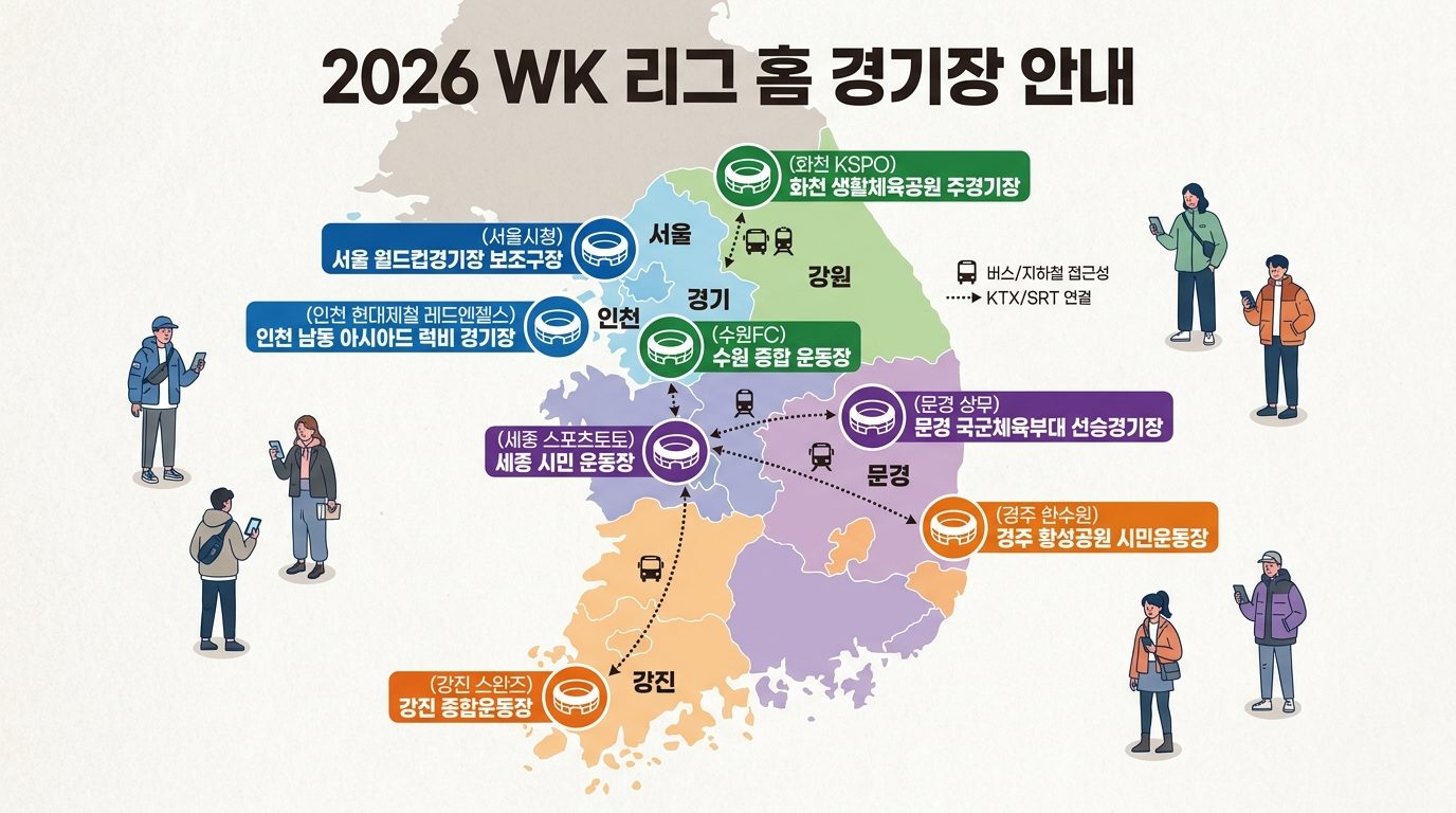 2026 WK리그 구단별 홈구장 위치를 보여주는 지도 인포그래픽