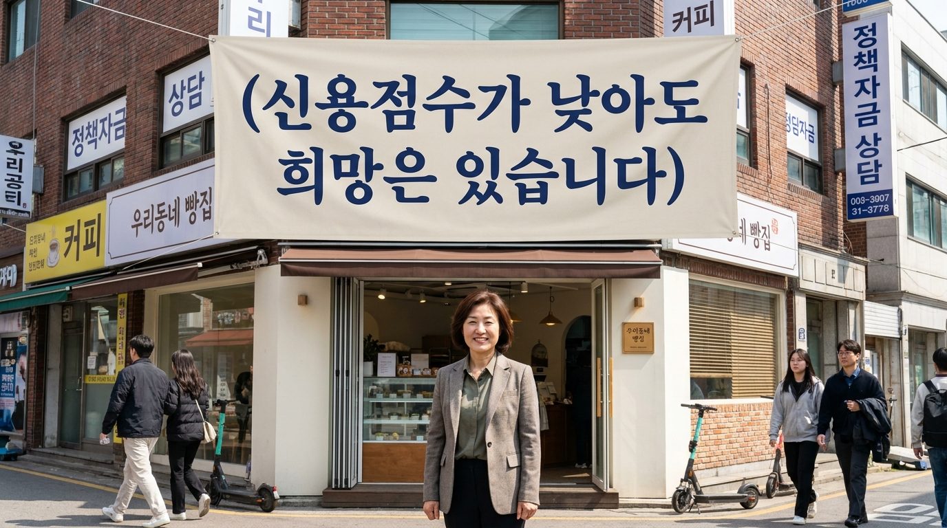 저신용 소상공인 대출: 현대 도시 한국 거리에서 희망찬 표정의 소상공인이 서 있는 모습, 저신용자도 정책자금 지원 가능함을 표현한 이미지