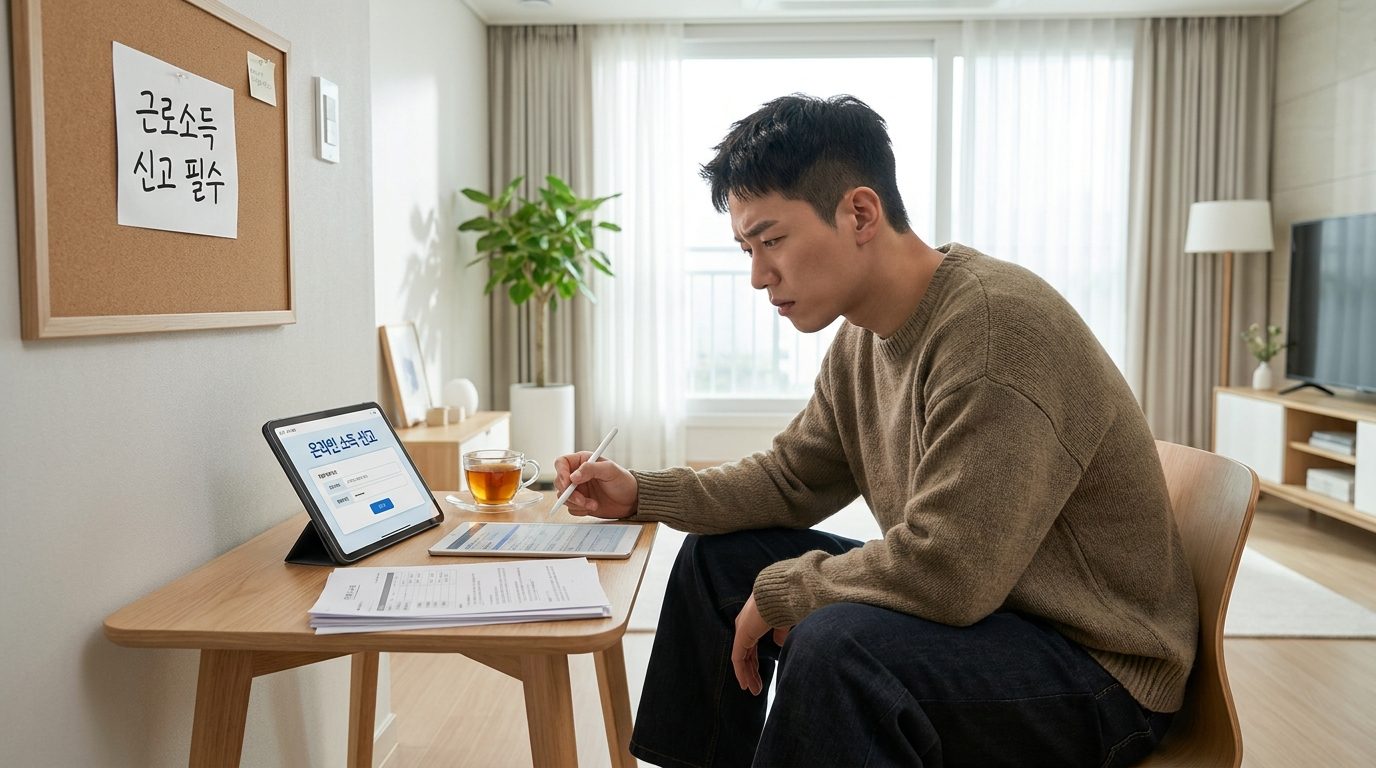 집에서 근로소득 신고를 하는 20대 아르바이트생의 모습