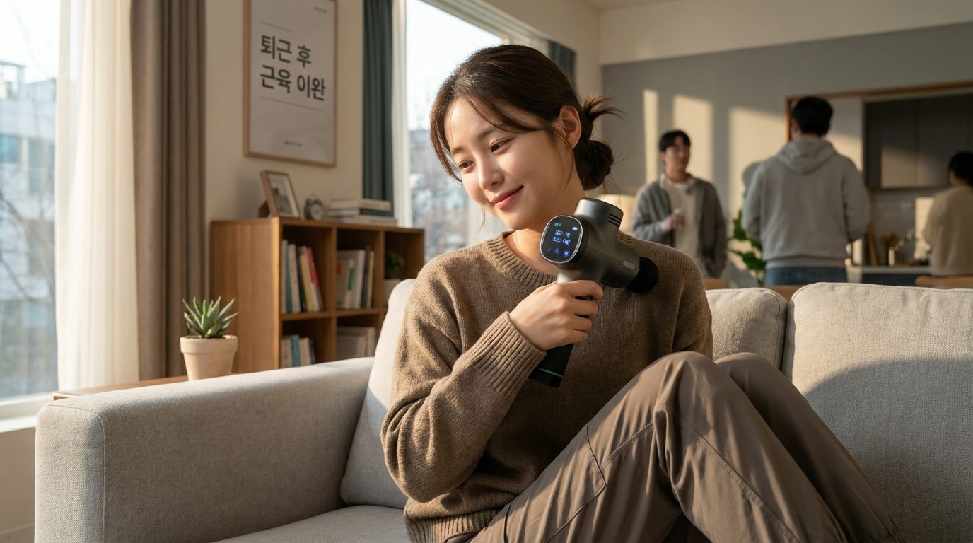 퇴근 후 마사지건으로 어깨 근육을 풀고 있는 젊은 한국 여성의 고화질 실사 이미지