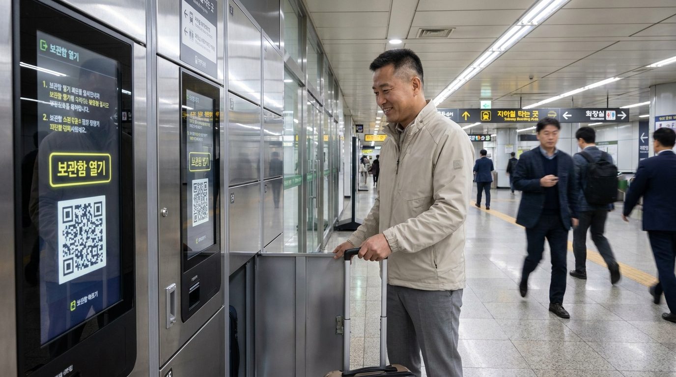 서울 지하철역에서 무인 보관함에서 짐을 찾는 한국 남성