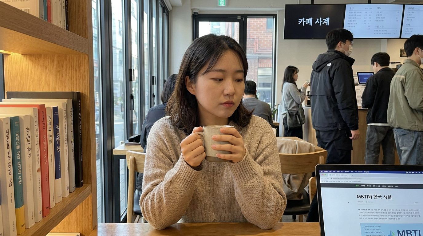 인간관계 심리학 도서: 내향적인 한국인이 따뜻한 자연광이 비치는 현대적인 카페에서 생각에 잠겨 커피를 마시는 모습