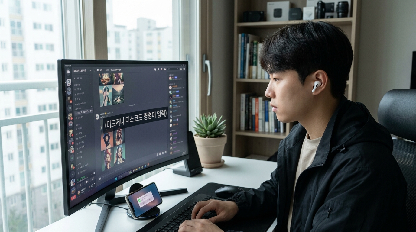 미드저니 디스코드 명령어 입력을 하는 한국인 사용자 모습과 복잡한 채팅 인터페이스를 보여주는 실사 이미지