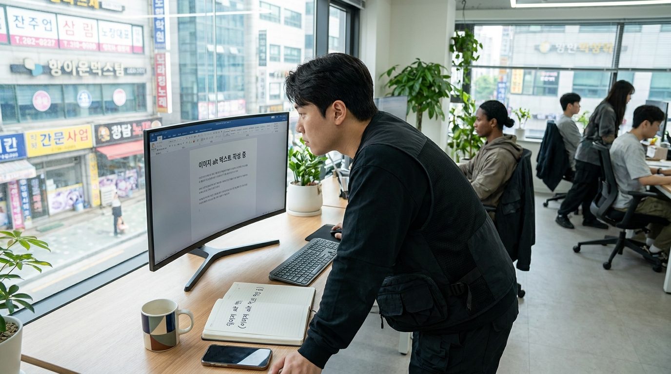 이미지 alt 텍스트 자동 생성: 한국의 현대적인 작업 공간에서 이미지 alt 텍스트를 작성 중인 웹 콘텐츠 제작자 모습