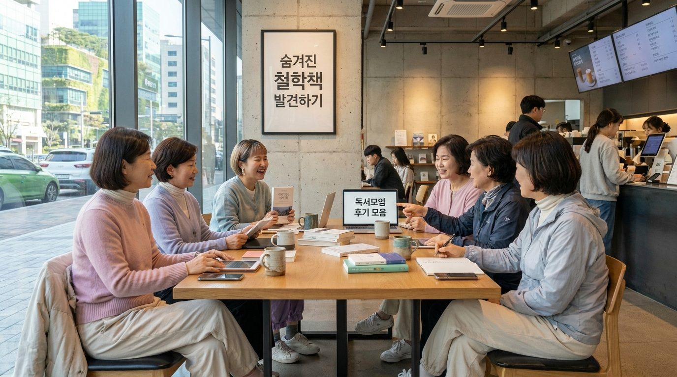 밝고 환한 카페에서 파스텔색 옷을 입은 한국 여성 독서모임이 차와 책을 나누며 즐겁게 대화하는 모습이다. 벽에 숨겨진 철학책 발견하기 문구가 적힌 포스터가 걸려 있다.