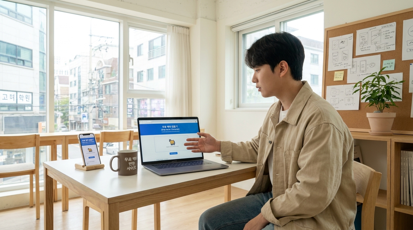 무료 온라인 벡터 변환 사이트에서 로고 변환 작업 중인 현대 한국 디자이너