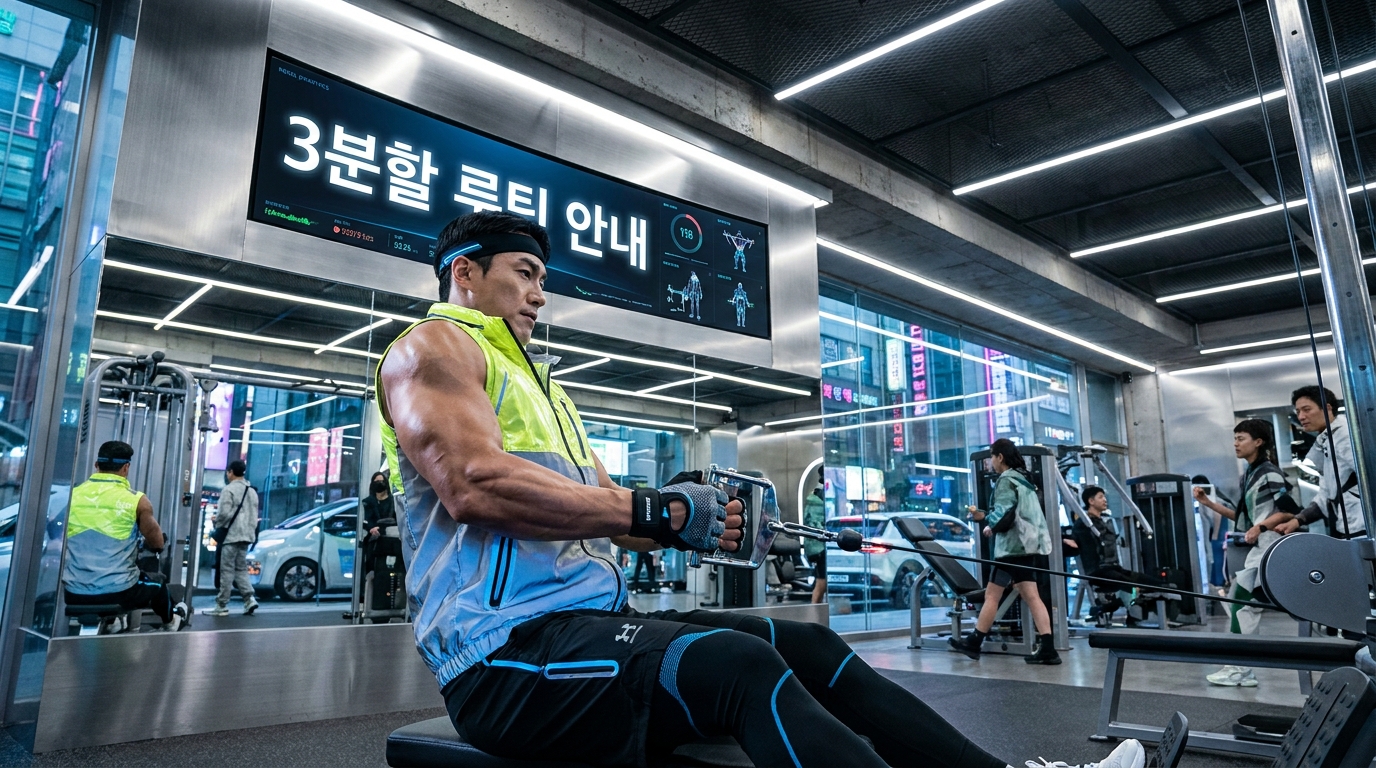 2026년 한국의 헬스장에서 3분할 루틴으로 등과 팔 집중 운동 중인 한인 남성 이미지