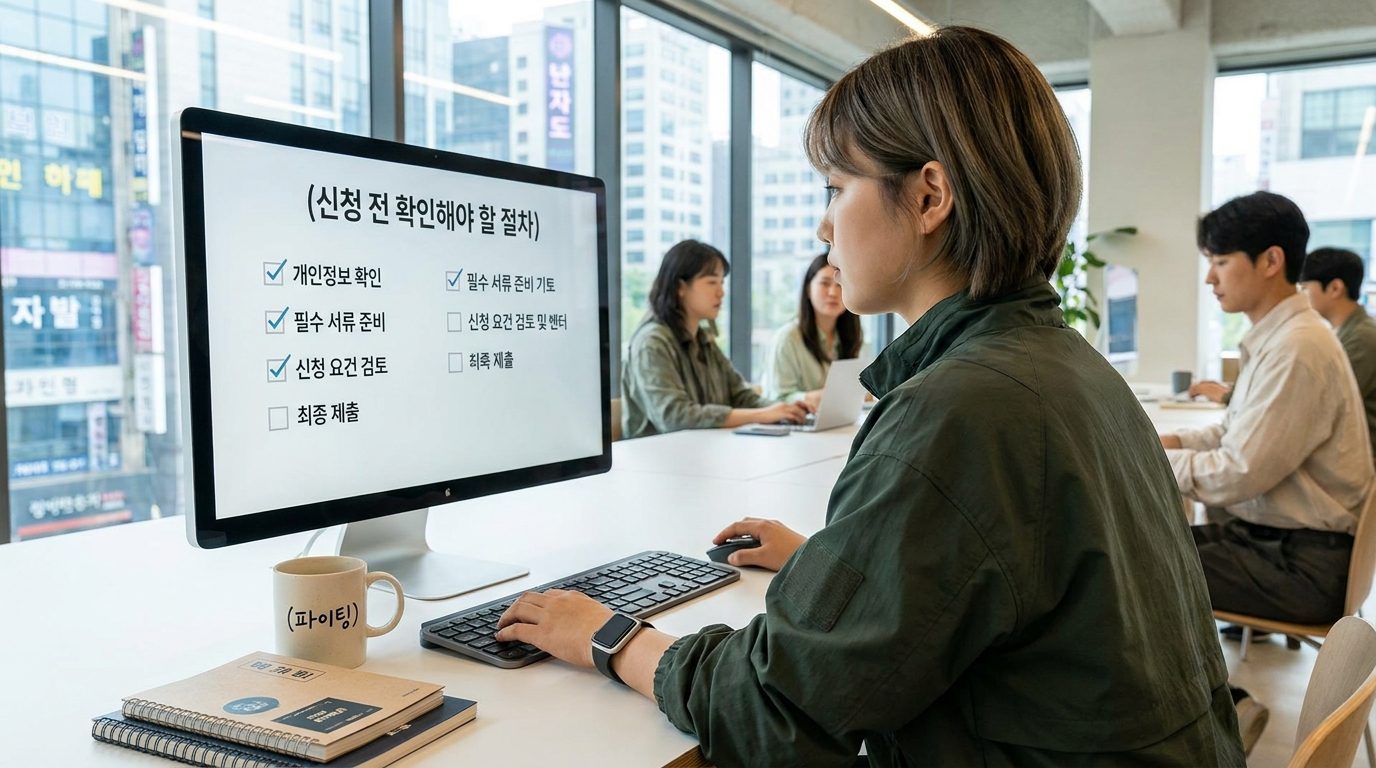 컴퓨터 화면에 신청 전 확인해야 할 절차 체크리스트와 한국어 문구가 보이는 현대적인 2026년 대한민국 사무실 내부, 옆에 (파이팅) 문구가 적힌 컵이 놓여 있음