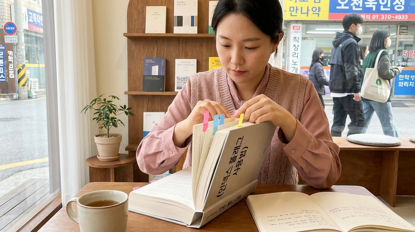 따뜻한 자연광 아래에서 부드러운 파스텔색 블라우스를 입은 여성이 책 가장자리에 다채로운 인덱스 플래그를 정성스럽게 붙이고 있는 모습, 배경은 한국의 현대적인 실내 공간이다.