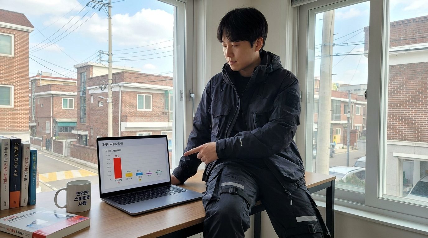 모바일 데이터 사용량을 점검하는 2026년 한국 가정 사무실 풍경