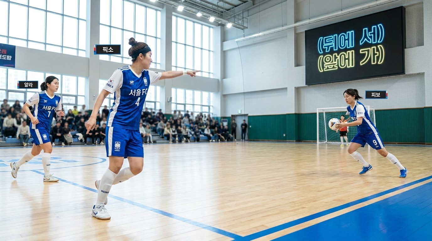 한국 풋살 경기에서 각각 픽소, 알라, 피보 포지션을 맡은 여성 선수들의 경기 장면