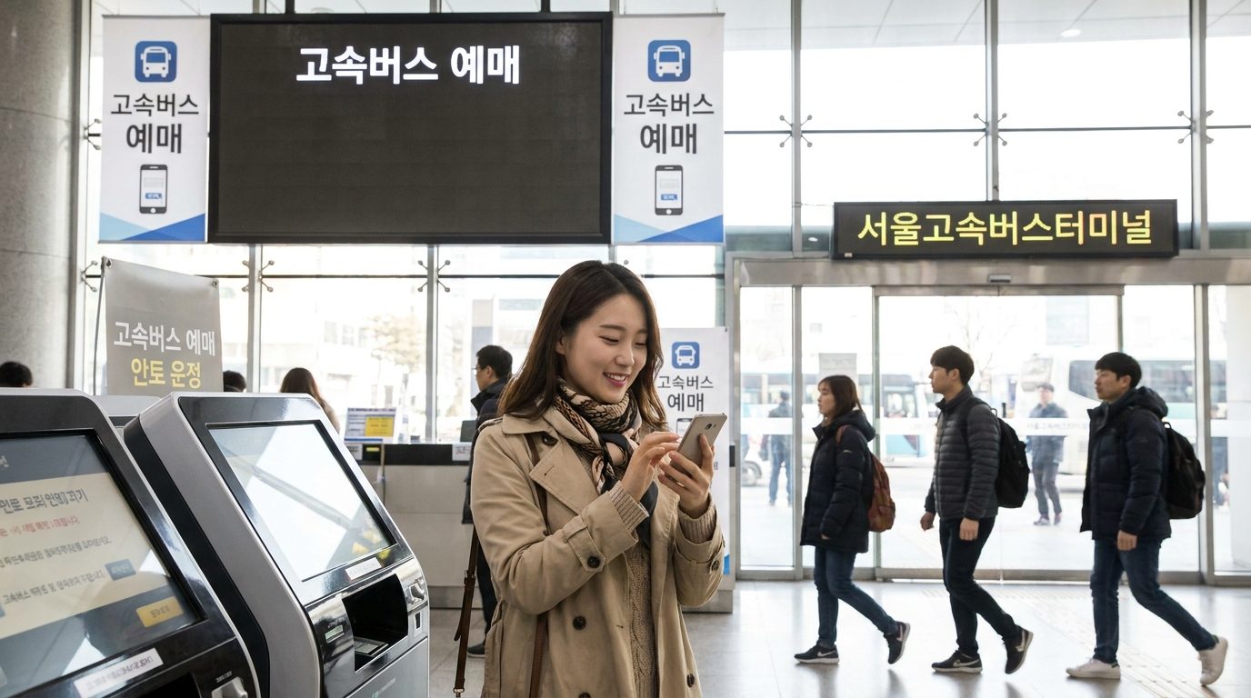 스마트폰으로 고속버스 예매를 하는 젊은 한국인 여성이 버스 터미널 앞에서 휴대폰을 확인하는 모습