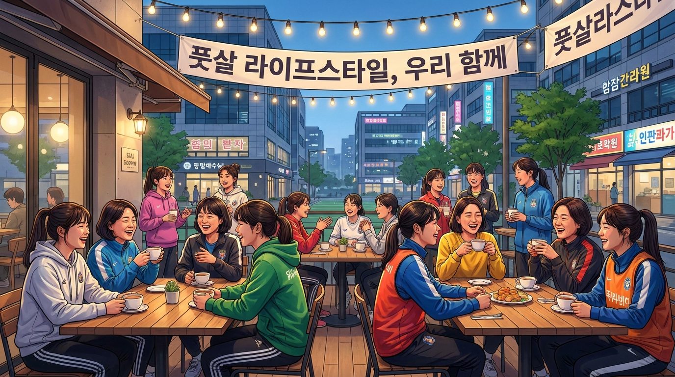 풋살 경기 후 여성 선수들이 카페에서 즐겁게 소통하는 모습