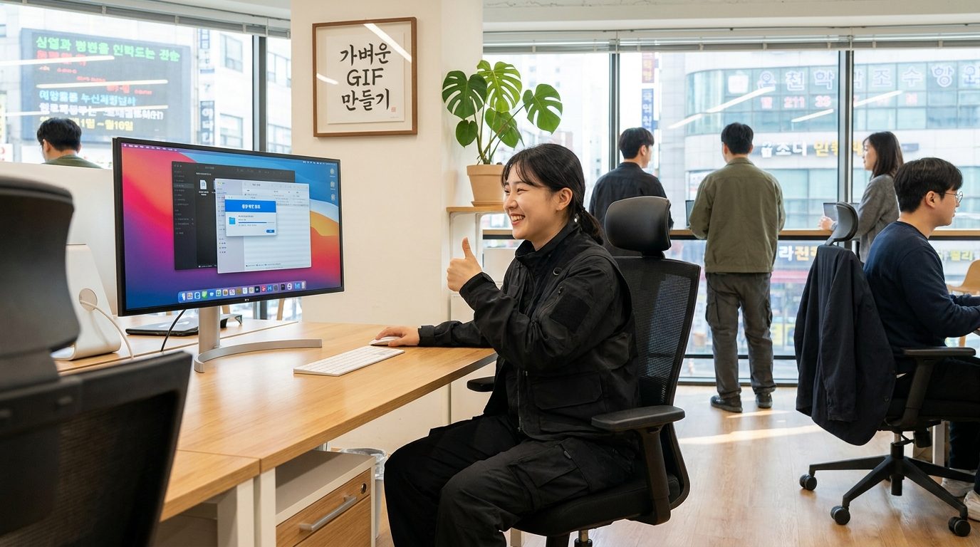 현대적인 작업 공간에서 최종 GIF 용량을 확인하며 만족해 하는 한국 전문직 인물의 모습