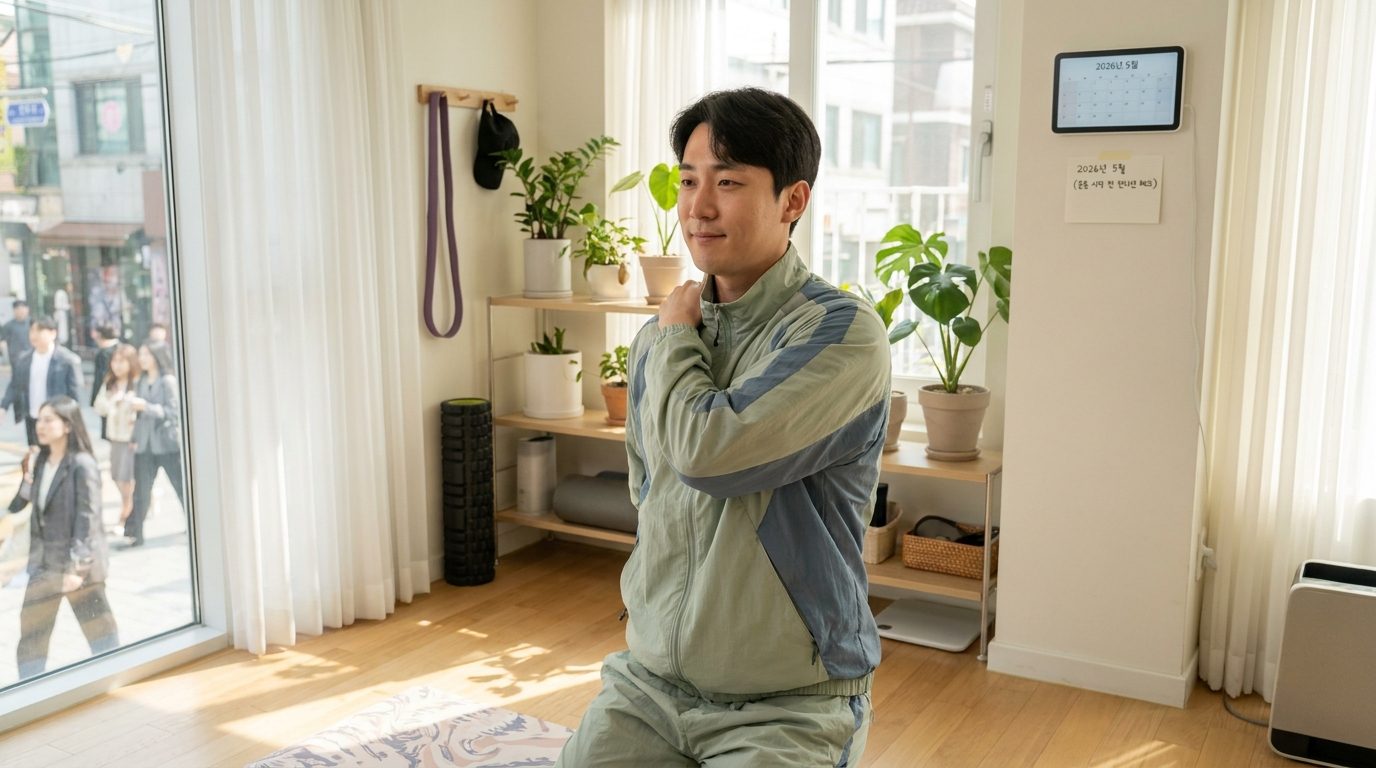 퇴근 후 몸 상태를 점검하며 가벼운 스트레칭을 하는 한국인 남성