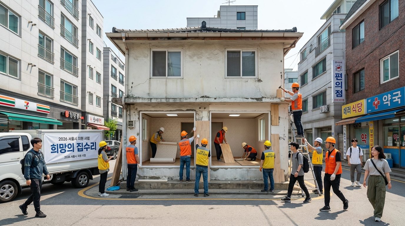 서울시 희망의 집수리 팀이 저소득 가구 주택 외부에서 도배와 장판 교체 작업을 하는 모습