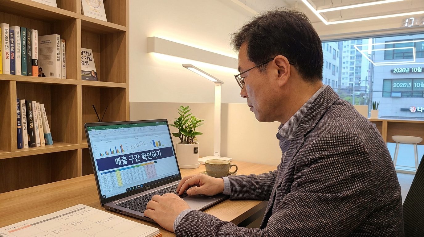 사무실 책상 앞에서 노트북 화면에 (매출 구간 확인하기) 그래프를 보며 집중하는 중년 한국 사업가의 모습.