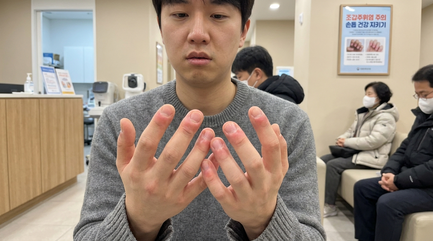 손톱 주변 피부가 붉게 부어오르고 염증이 있는 손가락의 클로즈업