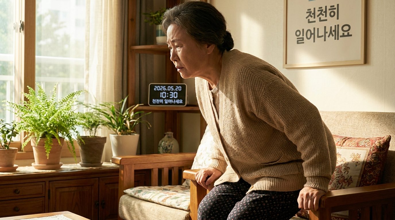 햇살이 드는 거실에서 조심스럽게 천천히 일어나는 한국 노년 여성