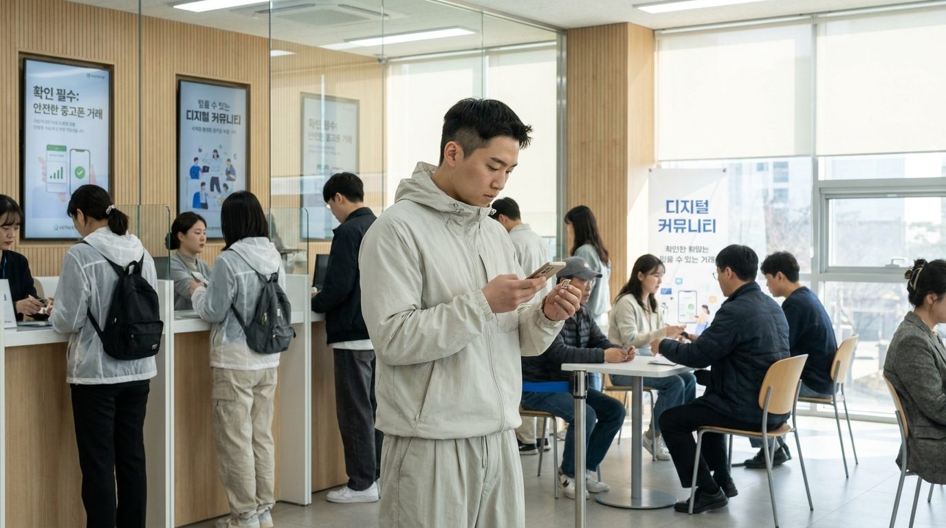 중고폰 거래 현장에서 유심을 꽂아 네트워크 신호를 확인하는 젊은 한국인 모습, 공공장소에서 안전 거래 분위기