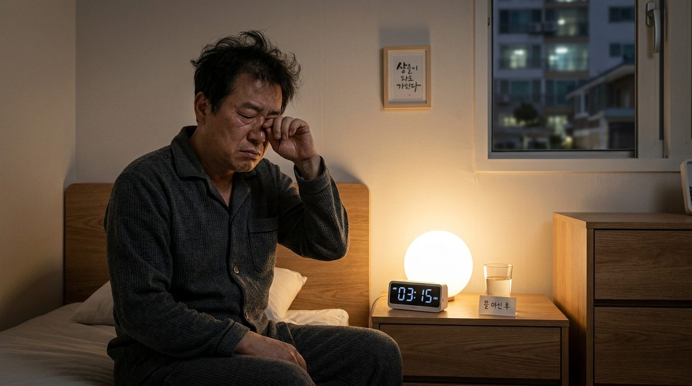 야간뇨 원인, 밤중에 소변 때문에 잠에서 깨는 중년 한국 남성의 모습과 아늑한 한국식 현대 침실 풍경