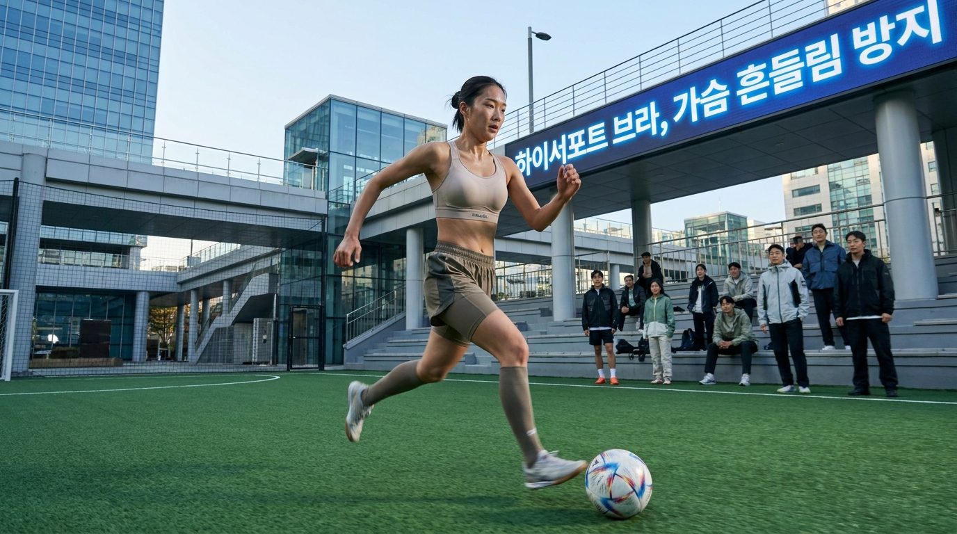 하이서포트 브라: 한국 여성 풋살 선수가 인조잔디 경기장에서 역동적으로 뛰며 하이서포트 스포츠 브라를 착용한 모습