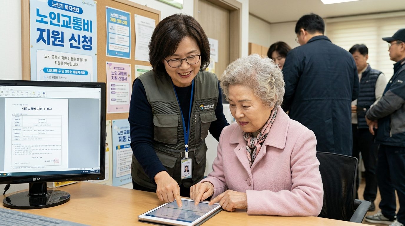 한국 시골 복지센터에서 노인 교통비 지원 신청서를 돕는 친절한 직원과 노인의 모습