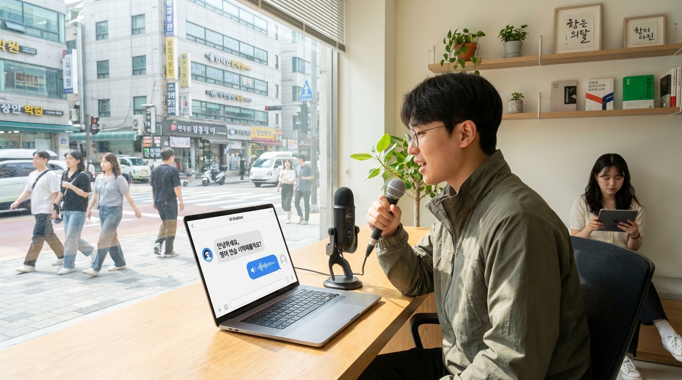 AI 챗봇과 대화하며 영어 연습을 하는 젊은 한국 남성의 현대적인 공부방 모습.