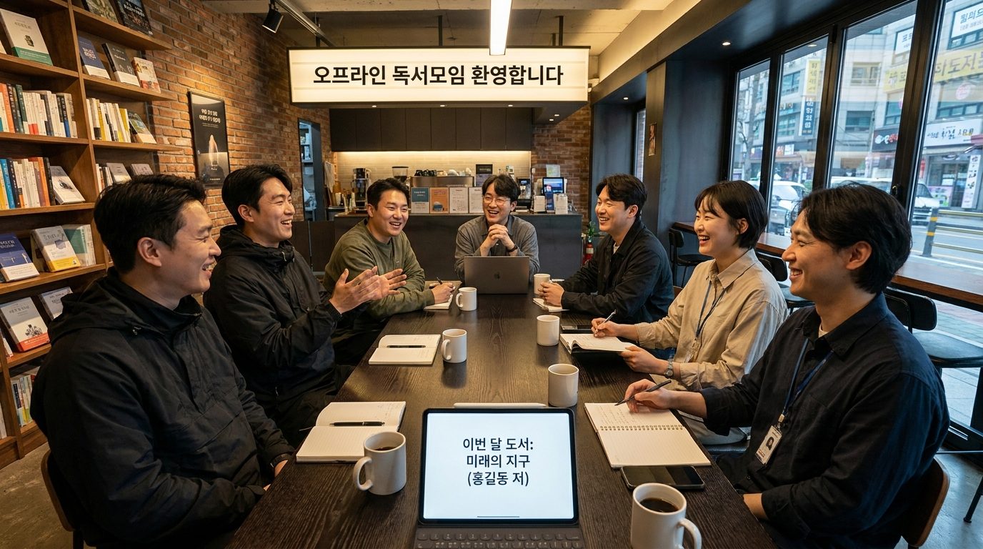 오프라인 독서모임에서 현대 한국인들이 카페에서 깊이 있는 토론을 하는 장면