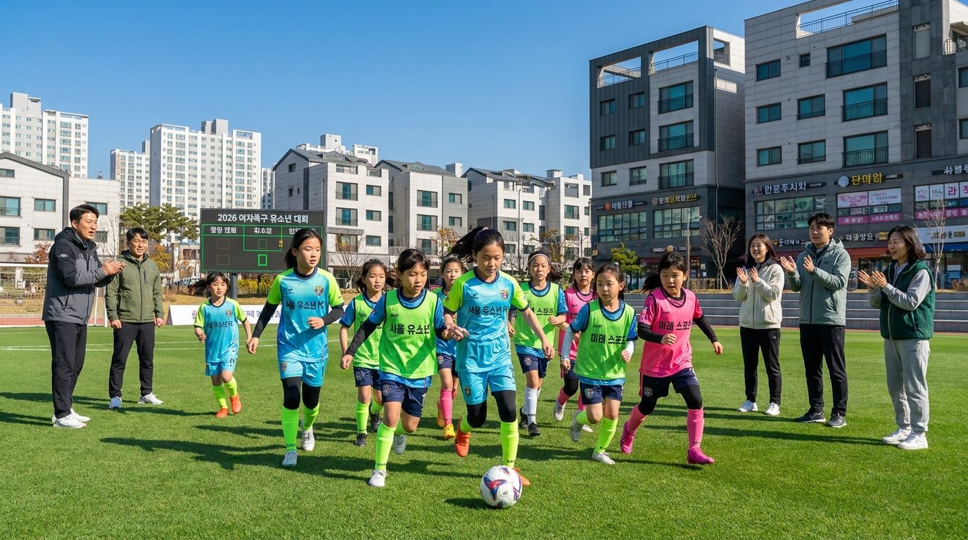 여자축구 유망주 대회: 2026년 대한민국의 동네 축구장에서 여자 어린이들이 신나게 축구를 하는 모습