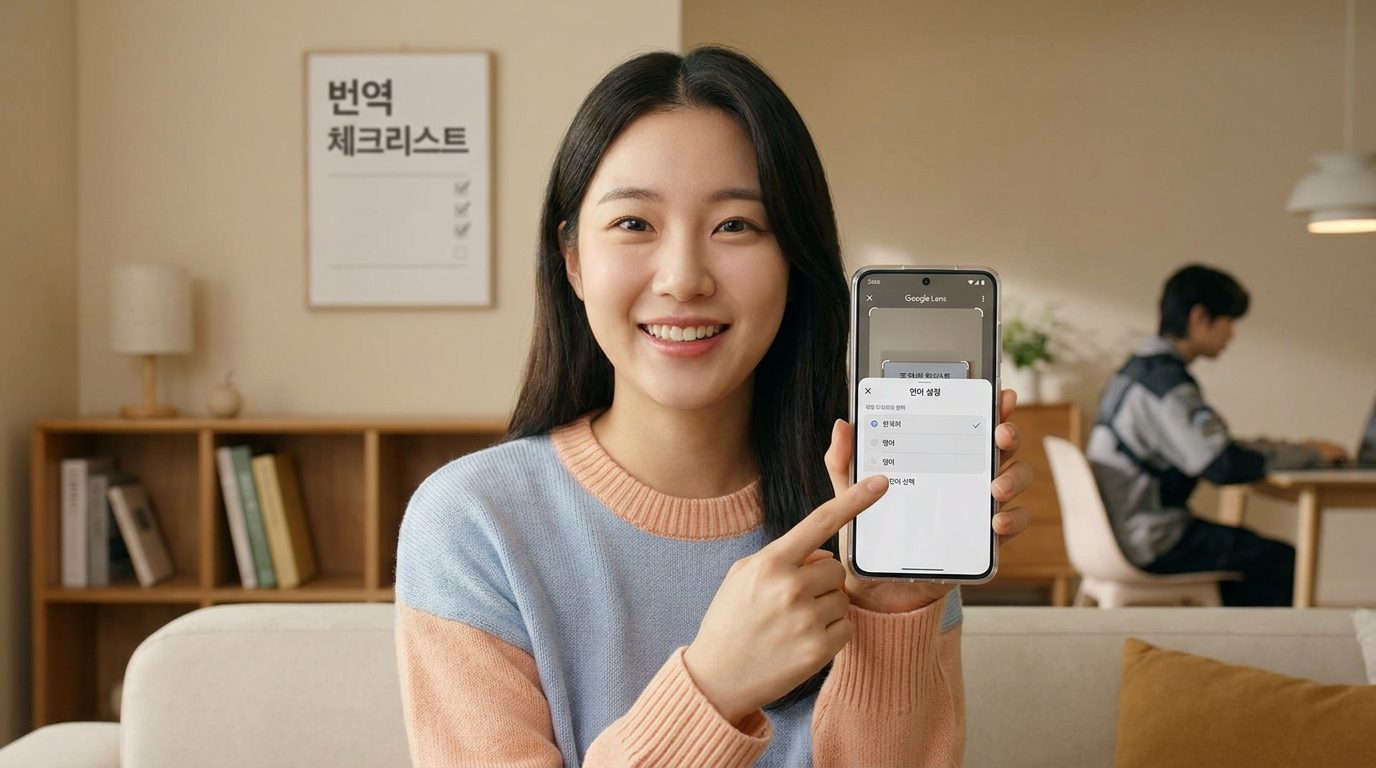 구글 렌즈 언어 설정을 보여주는 젊은 여성의 실내 모습
